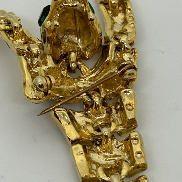 Vintage Gold-Tone Leopard Shoulder Brooch Green Rhinestone Eyes Articulated Body - Picture 11 of 16